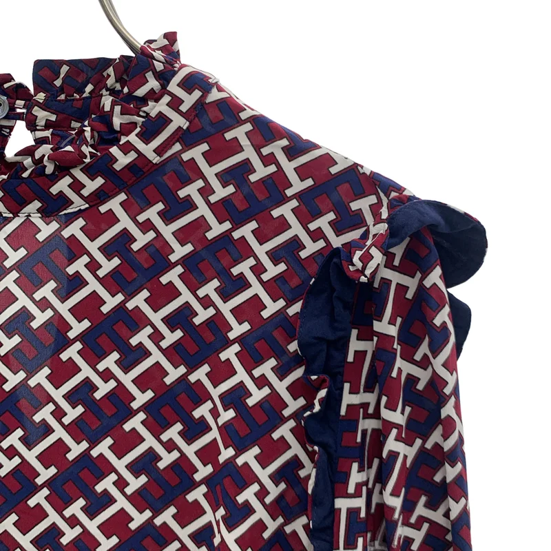 TOMMY HILFIGER / トミーヒルフィガー | 総柄 ロゴボタン フリルカラー ワンピース / 裏地付き | 34 | レディース
