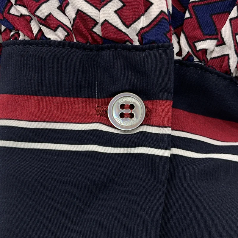 TOMMY HILFIGER / トミーヒルフィガー | 総柄 ロゴボタン フリルカラー ワンピース / 裏地付き | 34 | レディース