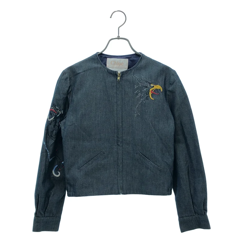 Chloe / クロエ | スカジャンモチーフ 刺しゅう ノーカラーデニムジャケット | 38 | レディース