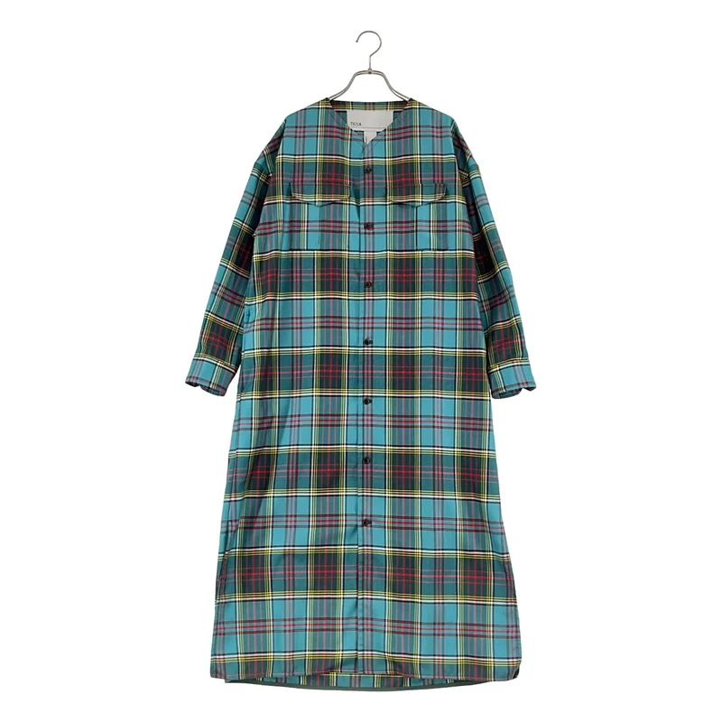 TICCA / ティッカ | ウール混 チェック ノーカラー シャツワンピース | F | レディース