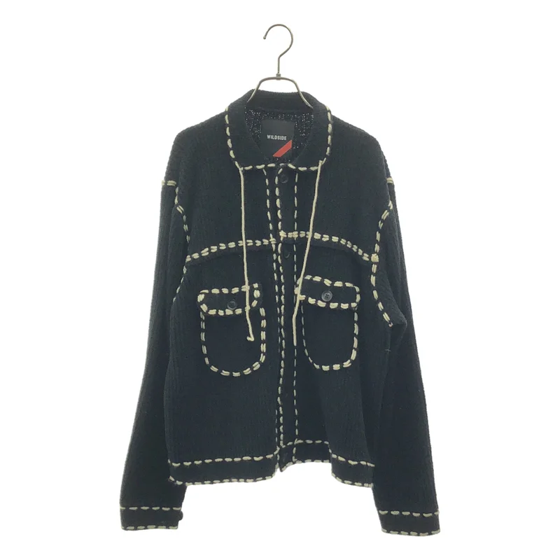 【美品】  WILDSIDE YOHJI YAMAMOTO / ワイルドサイドヨウジヤマモト | 2023AW | × PHINGERIN / フィンガリン / PG1 KNIT / コットン デザインステッチ ニットカーディガン | S | ブラック | メンズ WILDSIDE YOHJI YAMAMOTO / ワイルドサイドヨウジヤマモト | 2023AW