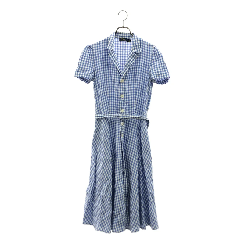 POLO RALPH LAUREN / ポロラルフローレン | リネン チェック ボリュームスリーブ シャツ ワンピース | 2 | レディース