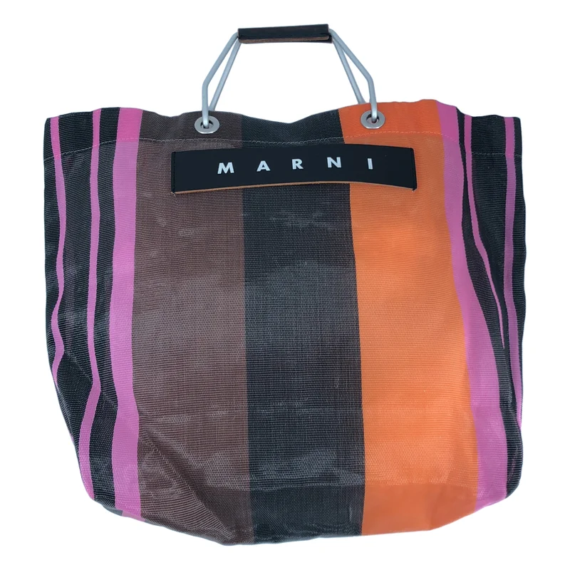 MARNI / マルニ | フラワーカフェ ストライプ レザーハンドル ロゴ メッシュ トートバッグ |