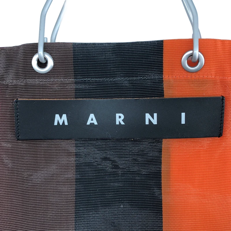 MARNI / マルニ | フラワーカフェ ストライプ レザーハンドル ロゴ メッシュ トートバッグ |