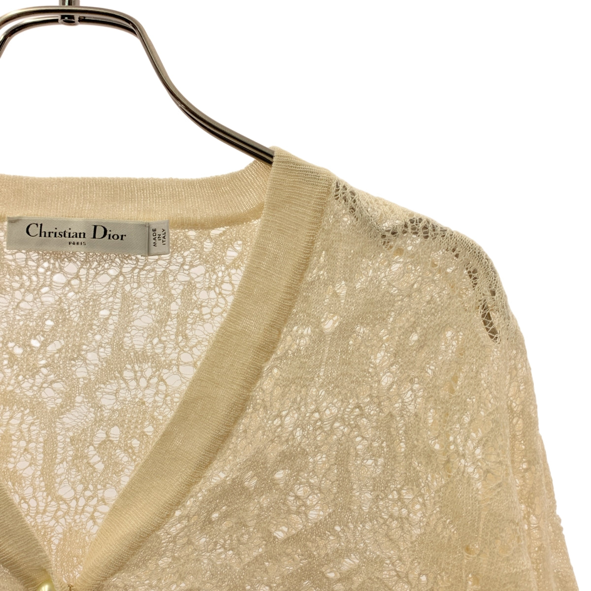 Christian Dior / クリスチャンディオール | Linen Silk and Cotton Lace Cardigan パール ロゴ ボタン レース カーディガン | 34 | アイボリー | レディース Christian Dior / クリスチャンディオール | Linen Silk and Cotton