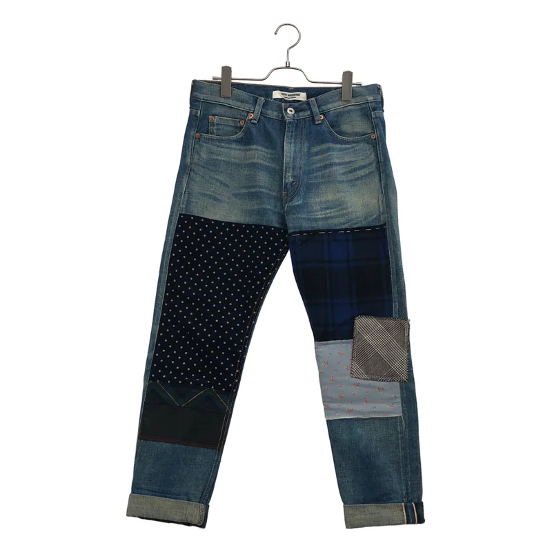 JUNYA WATANABE COMME des GARCONS denim / ジュンヤワタナベコムデギャルソンデニム | 2013AW | ヴィンテージ加工 レザーポケット パッチワークデニムパンツ | XS | レディース