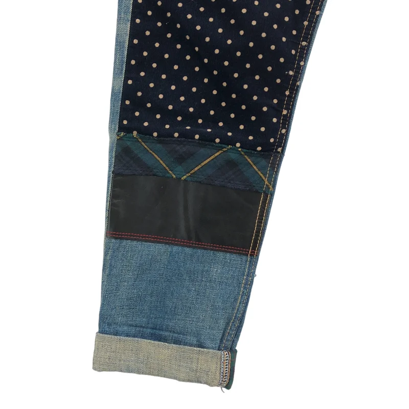 JUNYA WATANABE COMME des GARCONS denim / ジュンヤワタナベコムデギャルソンデニム | 2013AW | ヴィンテージ加工 レザーポケット パッチワークデニムパンツ | XS | レディース