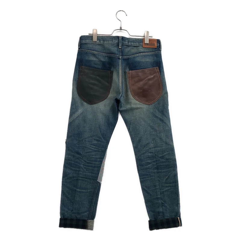 JUNYA WATANABE COMME des GARCONS denim / ジュンヤワタナベコムデギャルソンデニム | 2013AW | ヴィンテージ加工 レザーポケット パッチワークデニムパンツ | XS | レディース