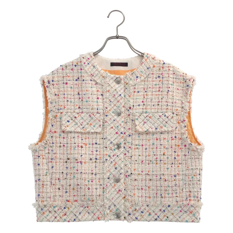 TOMORROWLAND collection / トゥモローランドコレクション | ツイード ロゴボタン ノーカラー ジレ ベスト / 総裏地 | 36 | レディース