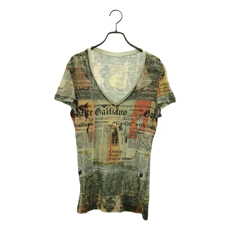 John Galliano / ジョンガリアーノ | リネン Vネック ニュースペーパー 総柄 Tシャツ | S | メンズ