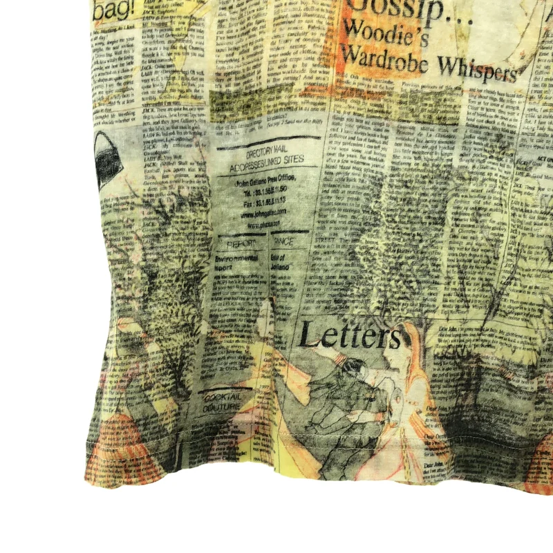 John Galliano / ジョンガリアーノ | リネン Vネック ニュースペーパー 総柄 Tシャツ | S | メンズ