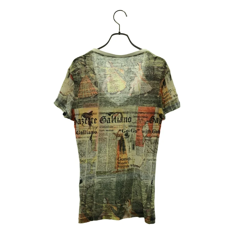 John Galliano / ジョンガリアーノ | リネン Vネック ニュースペーパー 総柄 Tシャツ | S | メンズ