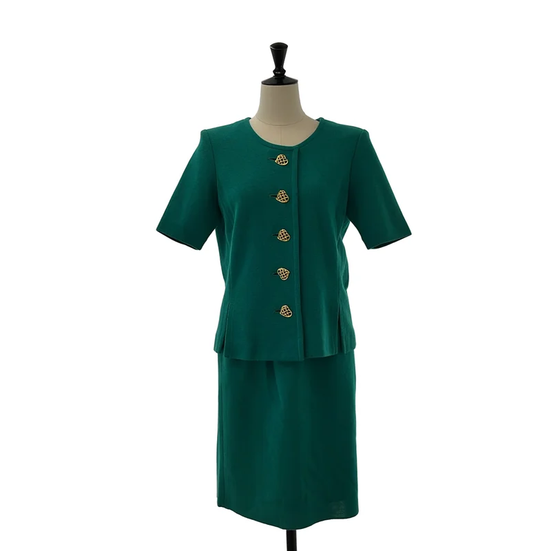 YVES SAINT LAURENT / イヴサンローラン | セットアップ 金ボタン ノーカラー シングルジャケット / ニット スカート / 総裏地 | M / 9号 | レディース