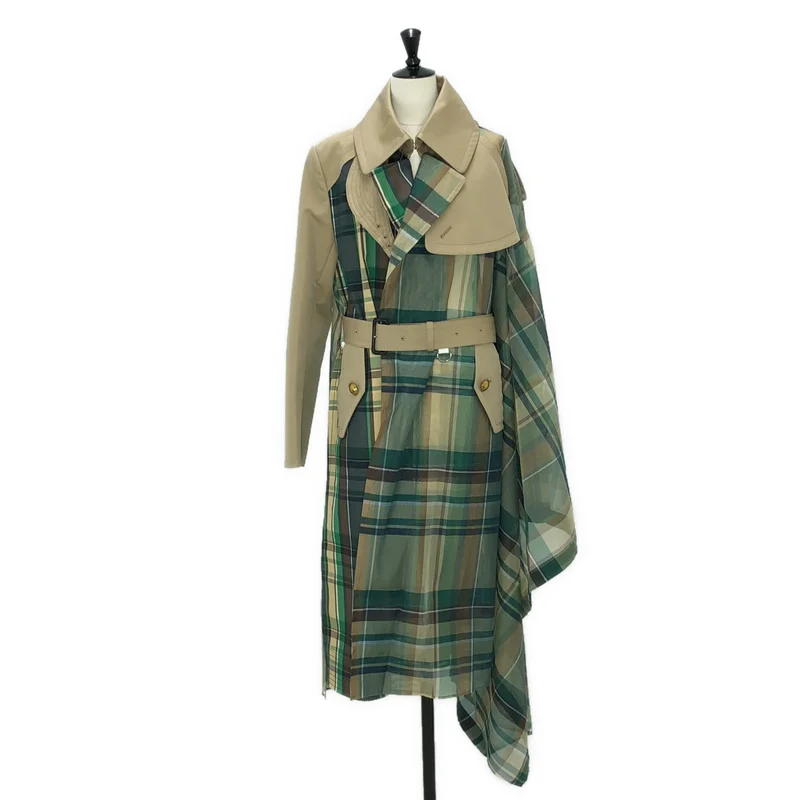 sacai / サカイ | チェック シアー 切替 アシンメトリー トレンチコート | 3 | レディース