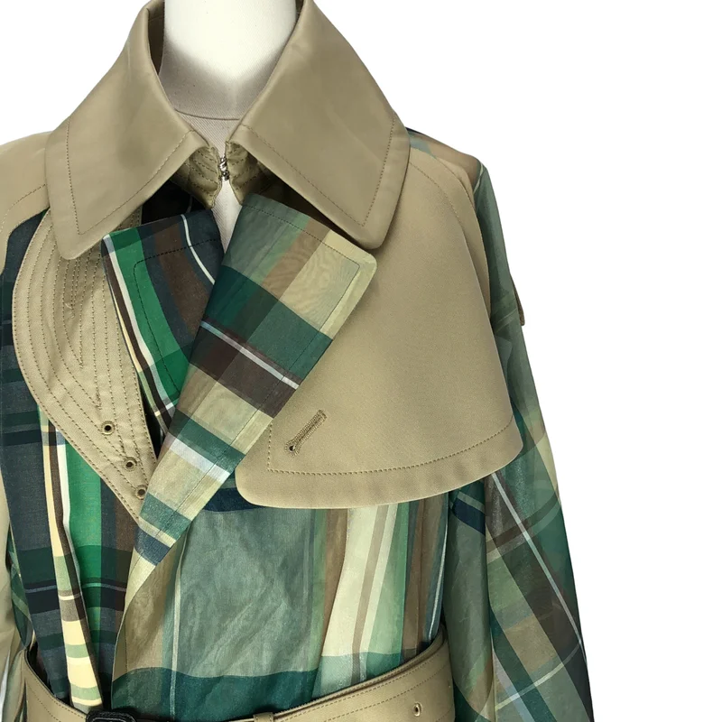 sacai / サカイ | チェック シアー 切替 アシンメトリー トレンチコート | 3 | レディース