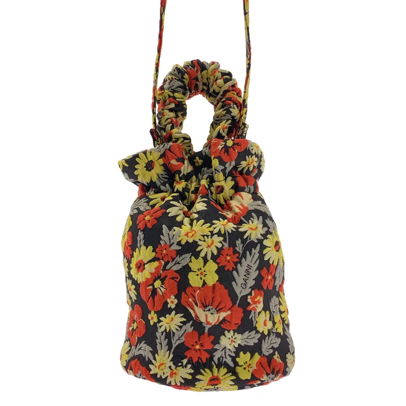 Ganni / ガニー | Embroidered Floral Crossbody / 総柄 フラワー ジャガード ロゴ 巾着 ショルダーバッグ | ONE | レディース