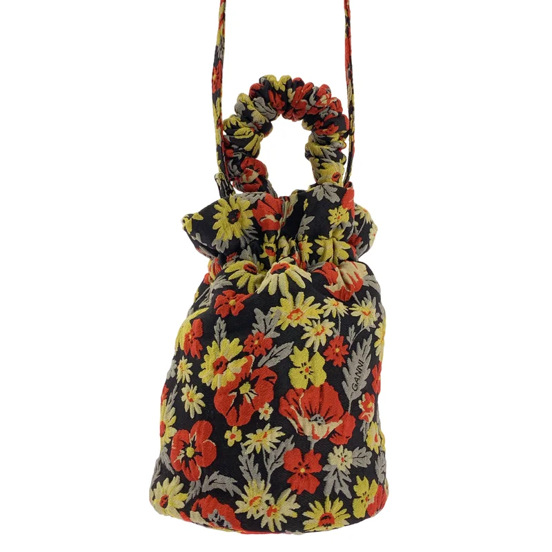 Ganni / ガニー | Embroidered Floral Crossbody / 総柄 フラワー ジャガード ロゴ 巾着 ショルダーバッグ | ONE | レディース