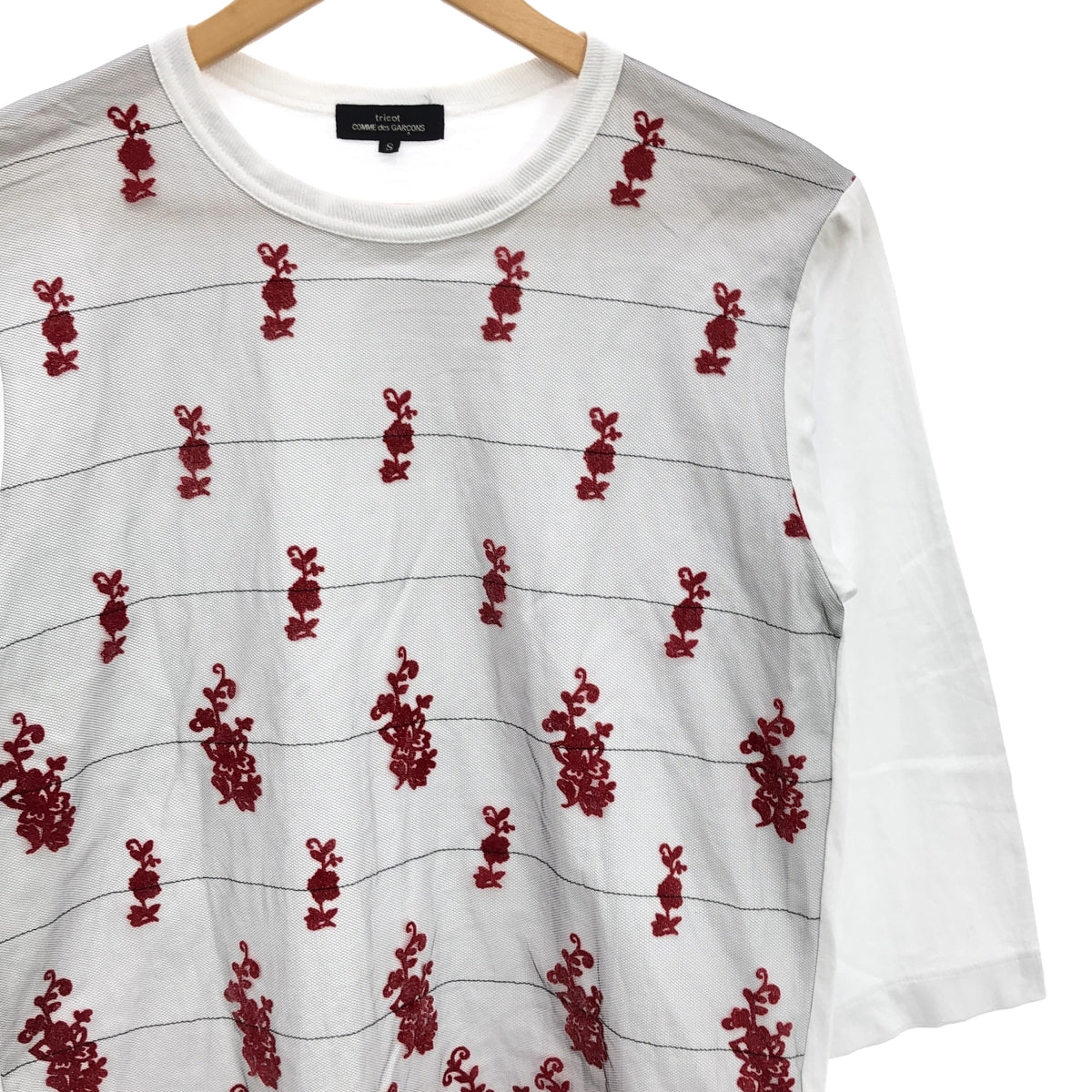 tricot COMME des GARCONS / トリココムデギャルソン | 2021AW | メッシュ フロッキープリント カットソー | S | ホワイト/ブラック/レッド | レディース tricot COMME des GARCONS / トリココムデギャルソン | 2021AW