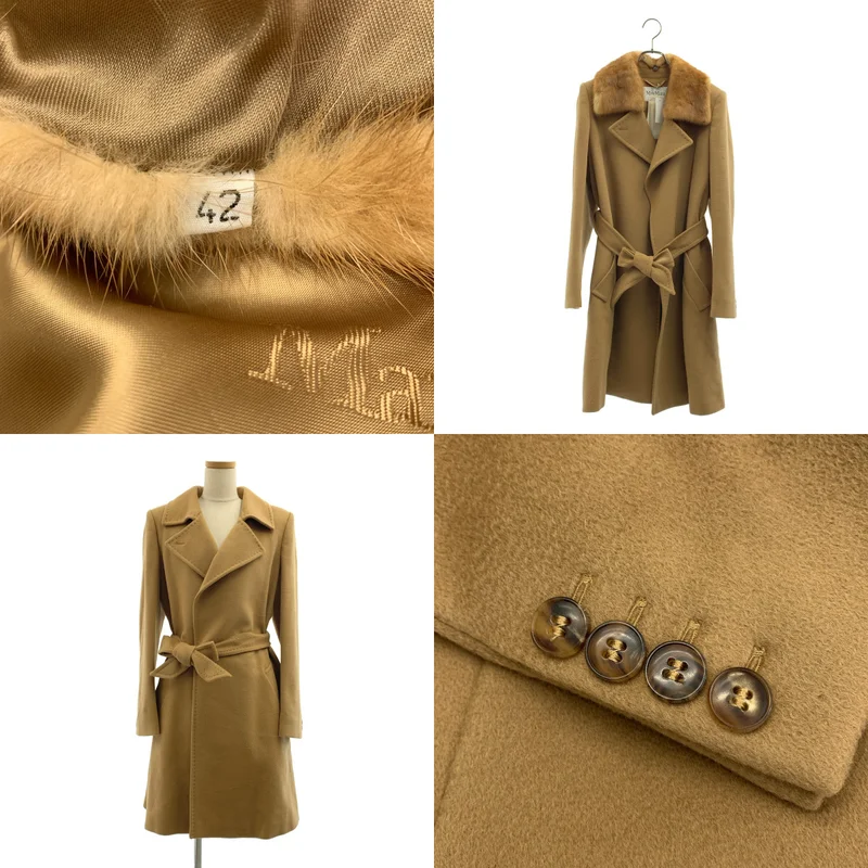 Max Mara / マックスマーラ | ウール ベルテッド コート / ミンクファー カラー 着脱可 / ロゴ総裏地 | 42 | レディース