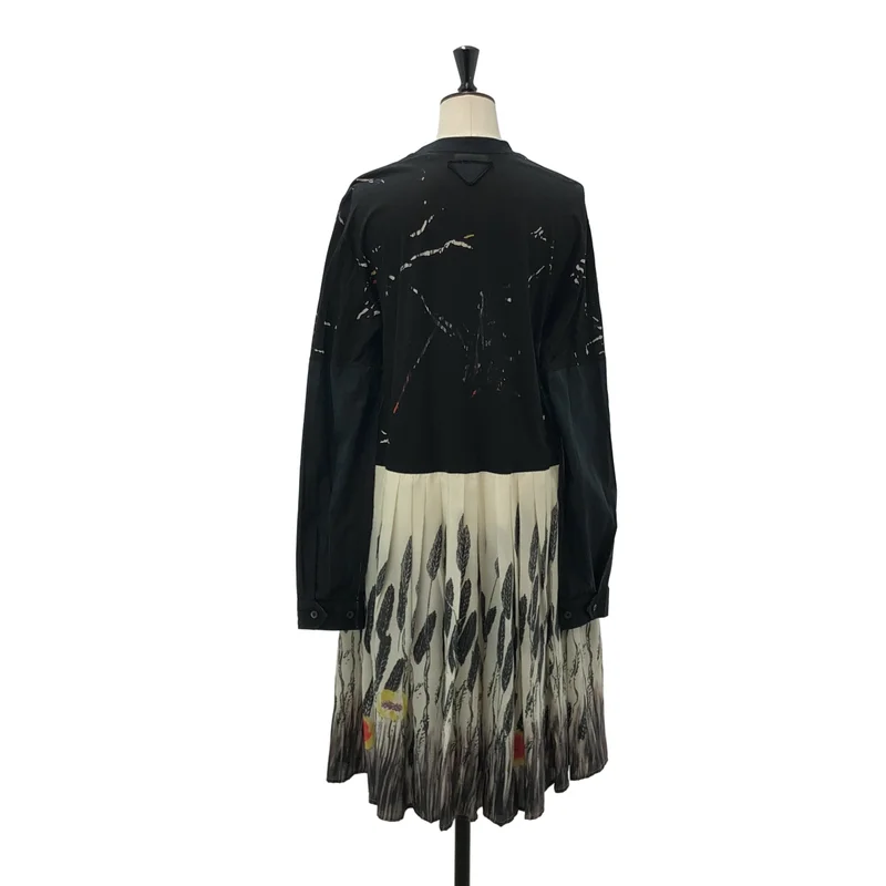 PRADA / プラダ | トライアングル ロゴパッチ リーフプリント 切替ワンピース | XS | レディース