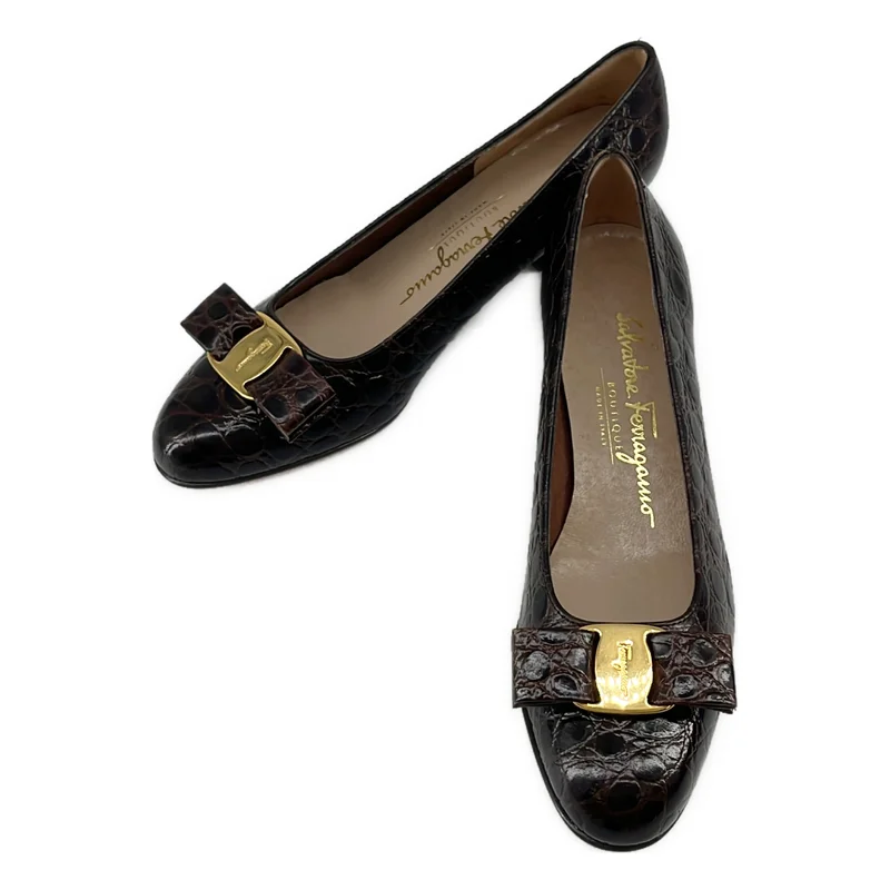 Salvatore Ferragamo / サルヴァトーレフェラガモ | クロコ型押し ロゴ リボン フラットシューズ | 5 1/2 | レディース