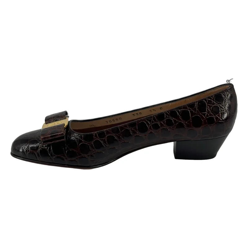 Salvatore Ferragamo / サルヴァトーレフェラガモ | クロコ型押し ロゴ リボン フラットシューズ | 5 1/2 | レディース