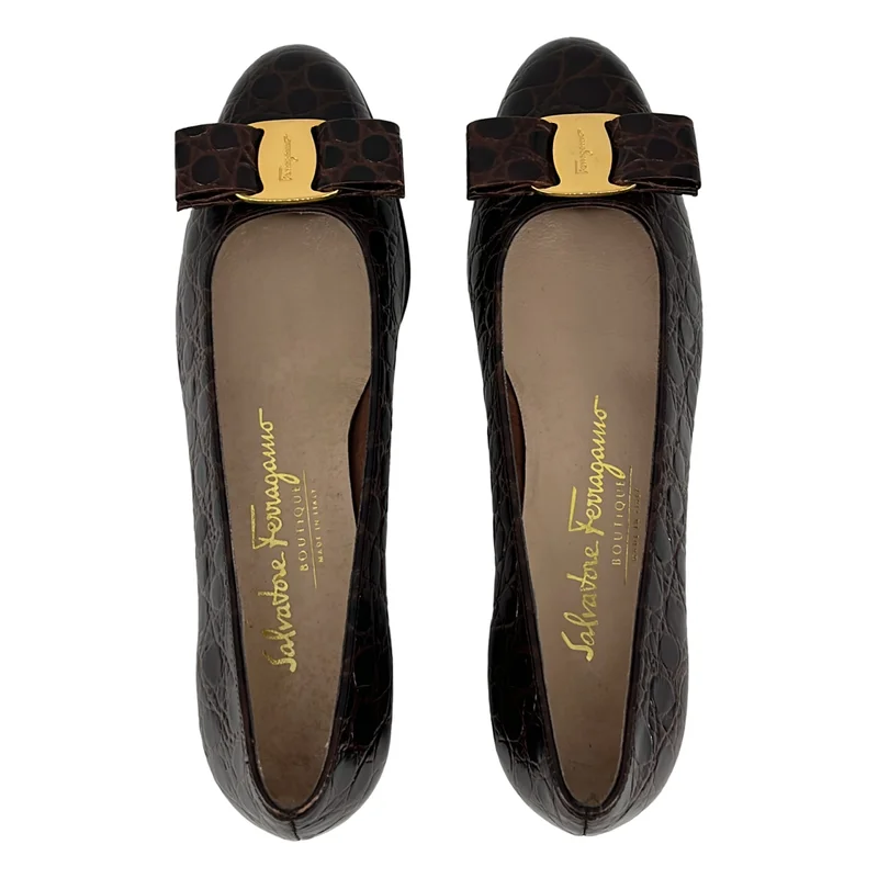 Salvatore Ferragamo / サルヴァトーレフェラガモ | クロコ型押し ロゴ リボン フラットシューズ | 5 1/2 | レディース