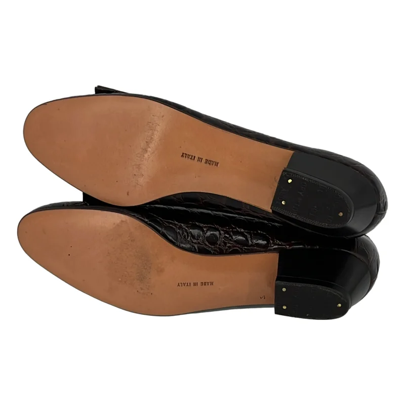 Salvatore Ferragamo / サルヴァトーレフェラガモ | クロコ型押し ロゴ リボン フラットシューズ | 5 1/2 | レディース