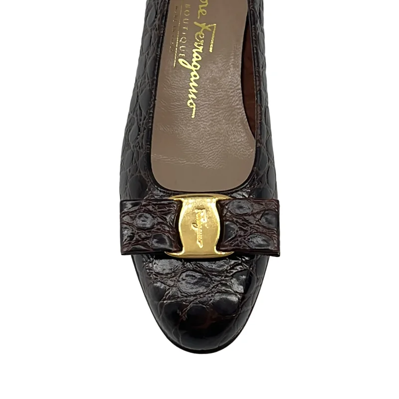 Salvatore Ferragamo / サルヴァトーレフェラガモ | クロコ型押し ロゴ リボン フラットシューズ | 5 1/2 | レディース