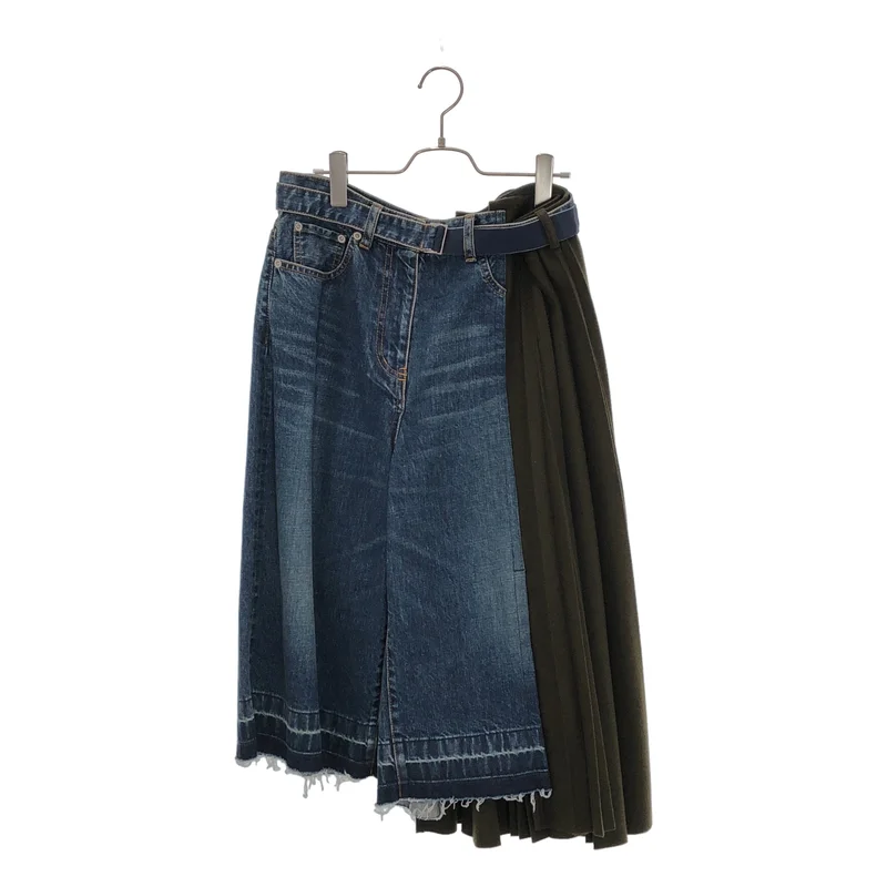 sacai / サカイ | 2020AW | 異素材切り替え プリーツスカートドッキング ベルテッドバギーデニムパンツ | 1 | レディース