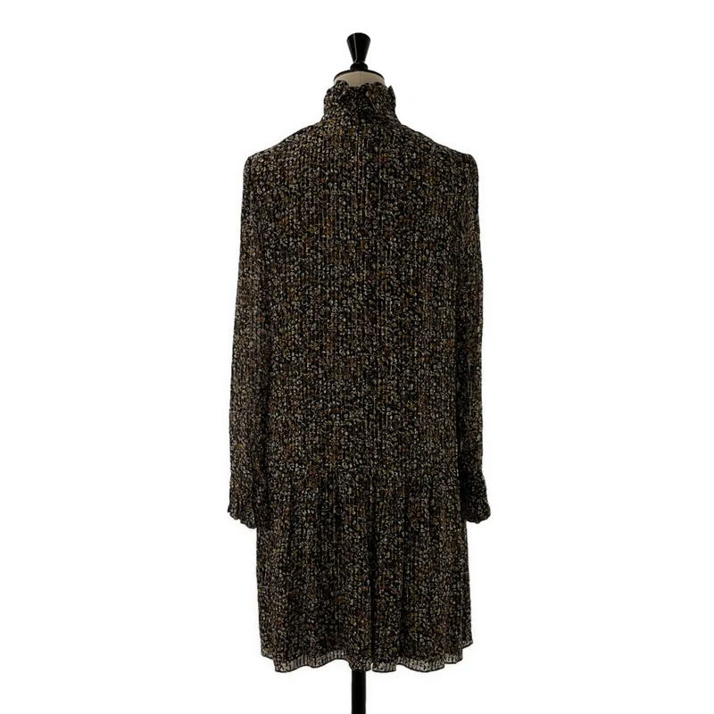 CELINE / セリーヌ | シルク ストライプ 総柄 フリルカラー ワンピース | 36 | レディース
