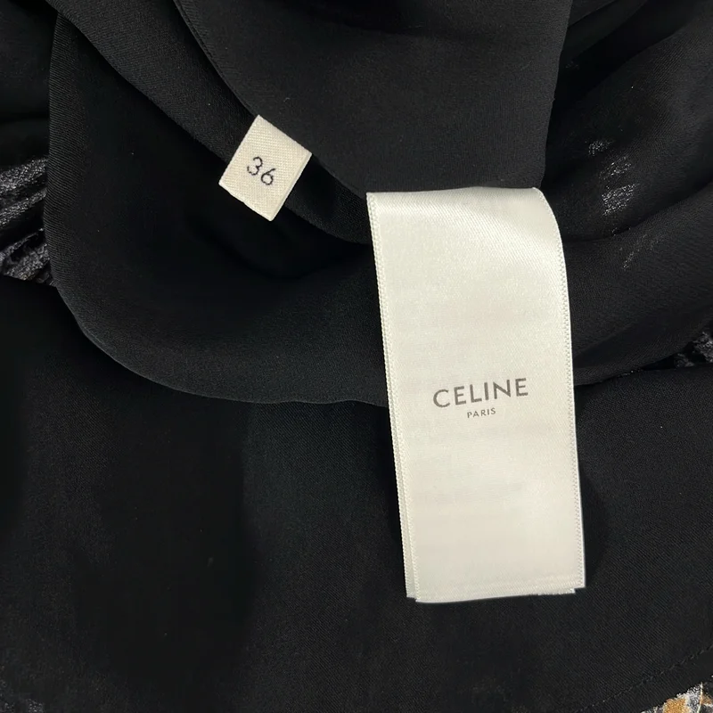 CELINE / セリーヌ | シルク ストライプ 総柄 フリルカラー ワンピース | 36 | レディース