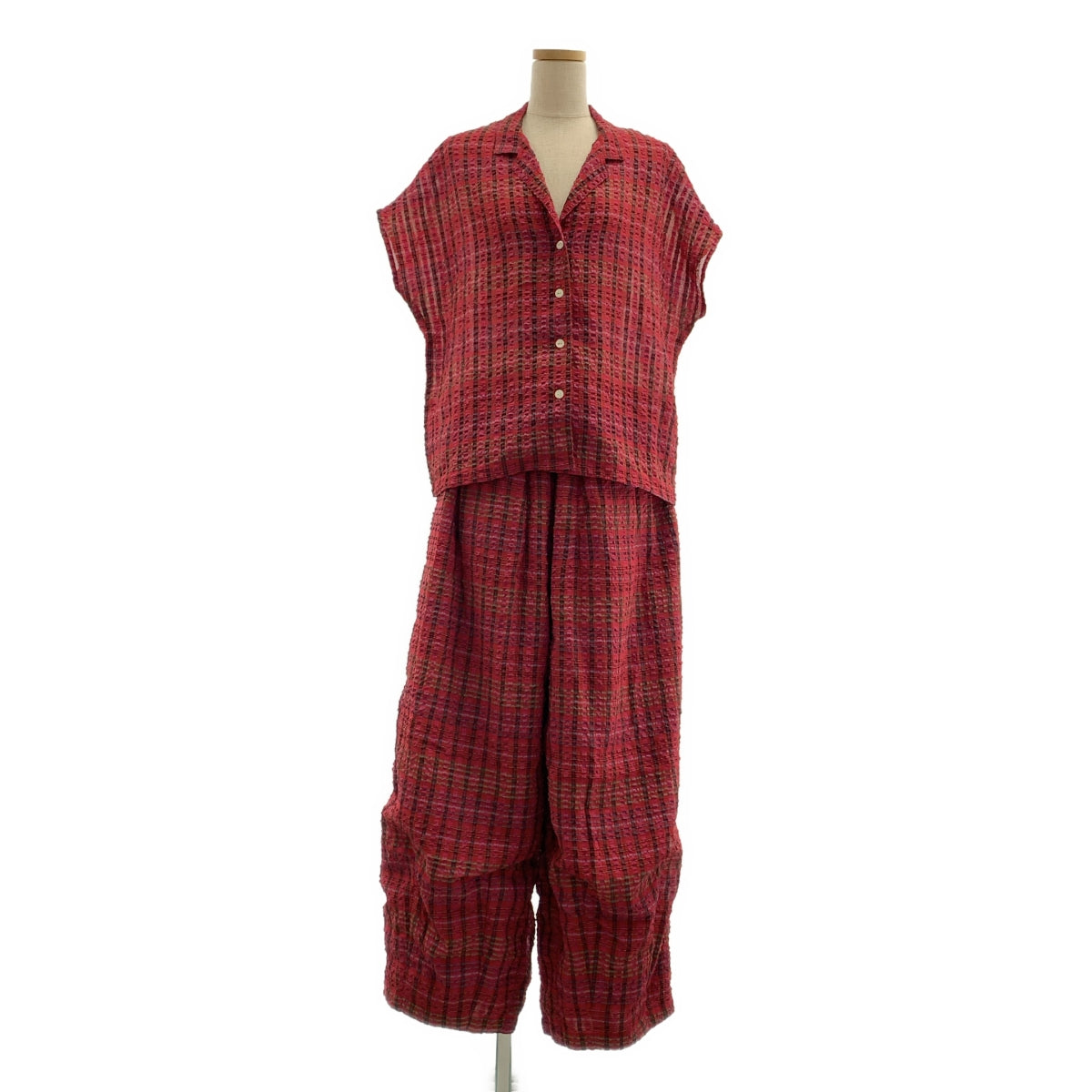 【美品】  Needles / ニードルス | セットアップ French Sleeve Blouse - RE/R Chiffon Sucker Plaid オープンカラーシャツ / ヒザデル ワイド バルーンパンツ / 総裏地 | 2 | ボルドー系 | レディース 美品】 Needles / ニードルス | セットアップ French Sleeve Blouse