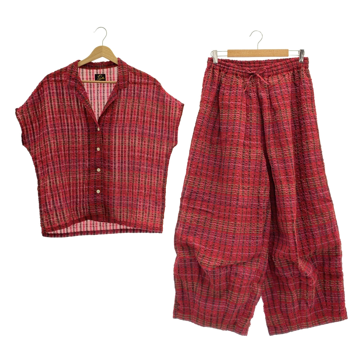 【美品】  Needles / ニードルス | セットアップ French Sleeve Blouse - RE/R Chiffon Sucker Plaid オープンカラーシャツ / ヒザデル ワイド バルーンパンツ / 総裏地 | 2 | ボルドー系 | レディース 美品】 Needles / ニードルス | セットアップ French Sleeve Blouse