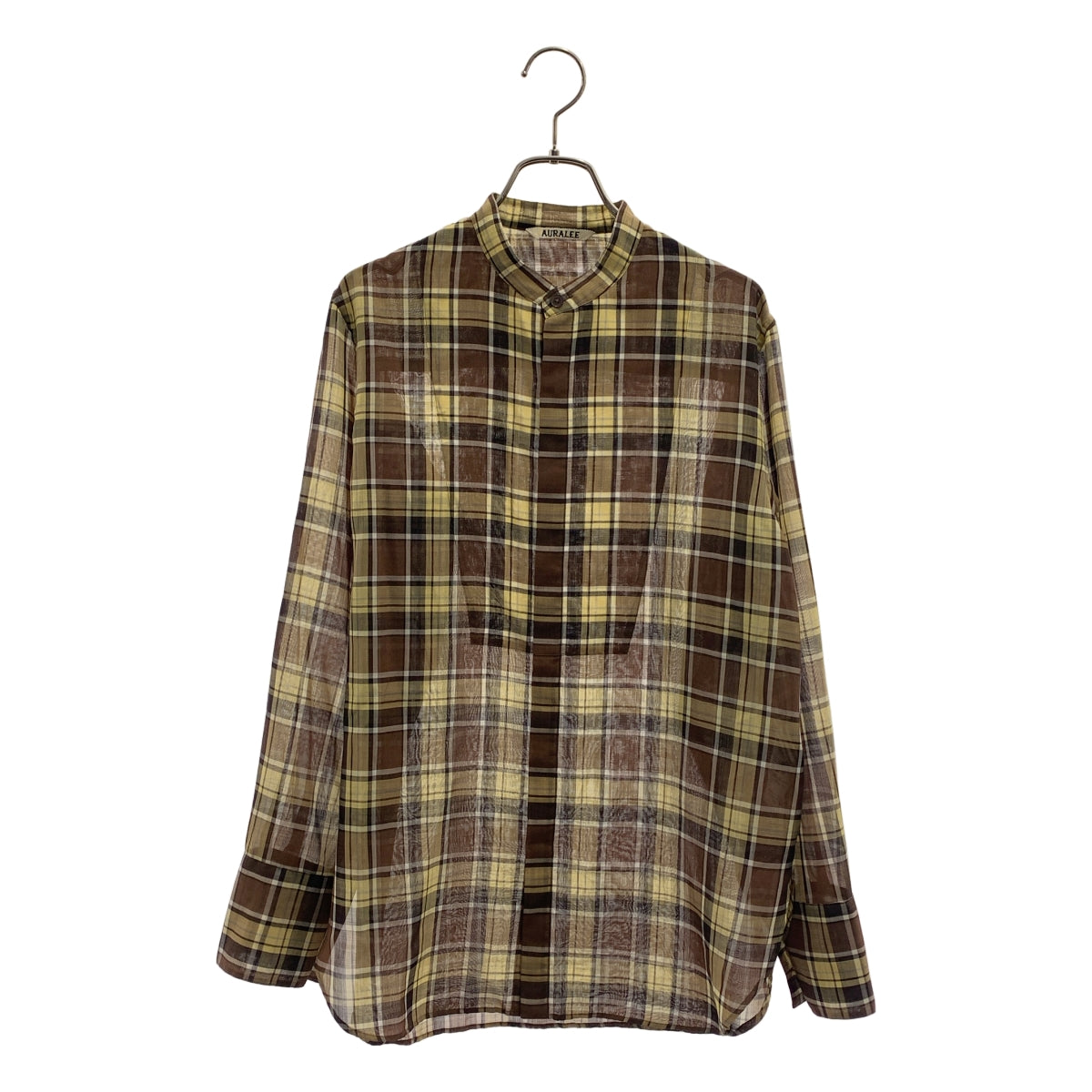 【美品】  AURALEE / オーラリー | 2021AW | WOOL RECYCLE POLYESTER SHEER CLOTH STAND COLLAR SHIRT ウール ポリエステル チェック スタンドカラー シャツ | 0 | ブラウン / イエロー | レディース AURALEE / オーラリー | 2021AW | WOOL RECYCLE POLYESTER SHEER CLOTH