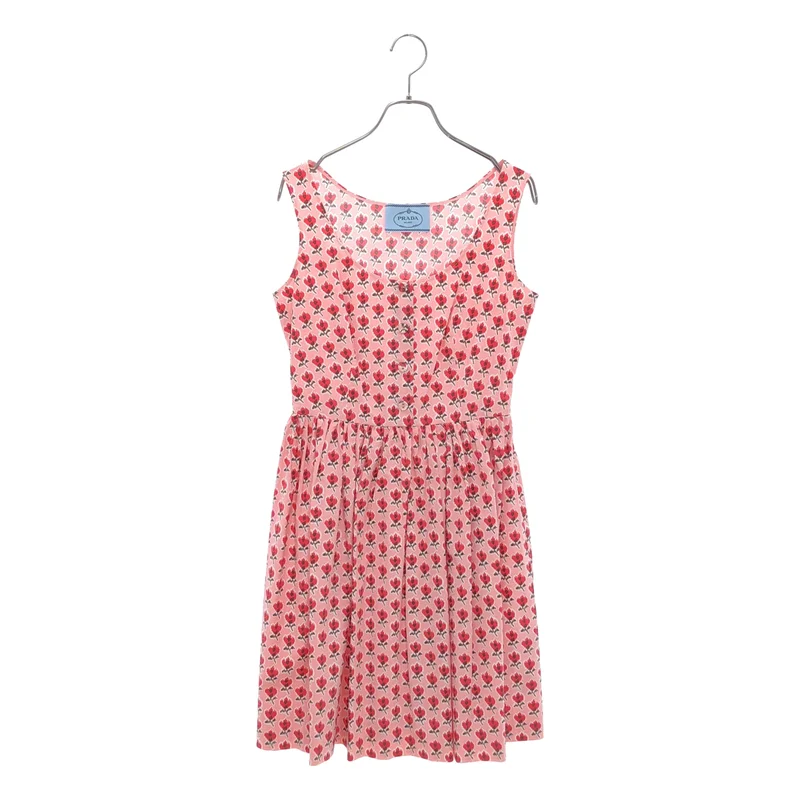 PRADA / プラダ | コットン 総柄 ノースリーブ ギャザー ワンピース | 40 | レディース