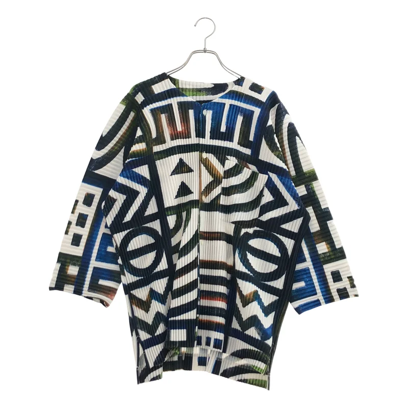 HOMME PLISSE ISSEY MIYAKE / オムプリッセイッセイミヤケ | 総柄プリント プリーツ ノーカラーシャツ HP91JJ166 | 3 | メンズ
