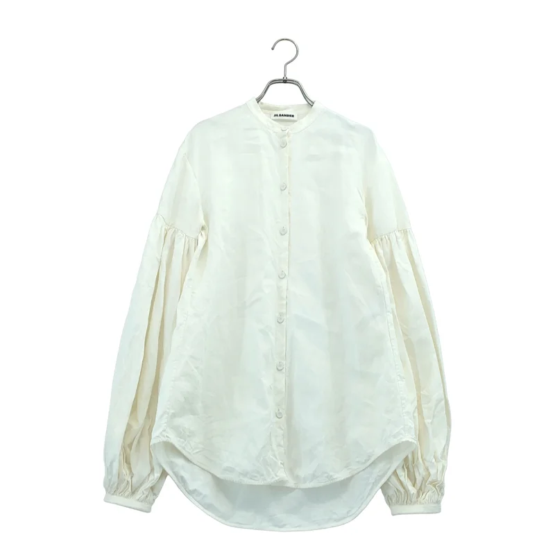 JIL SANDER / ジルサンダー | リネン ギャザースリーブ バンドカラーシャツ | 32 | レディース