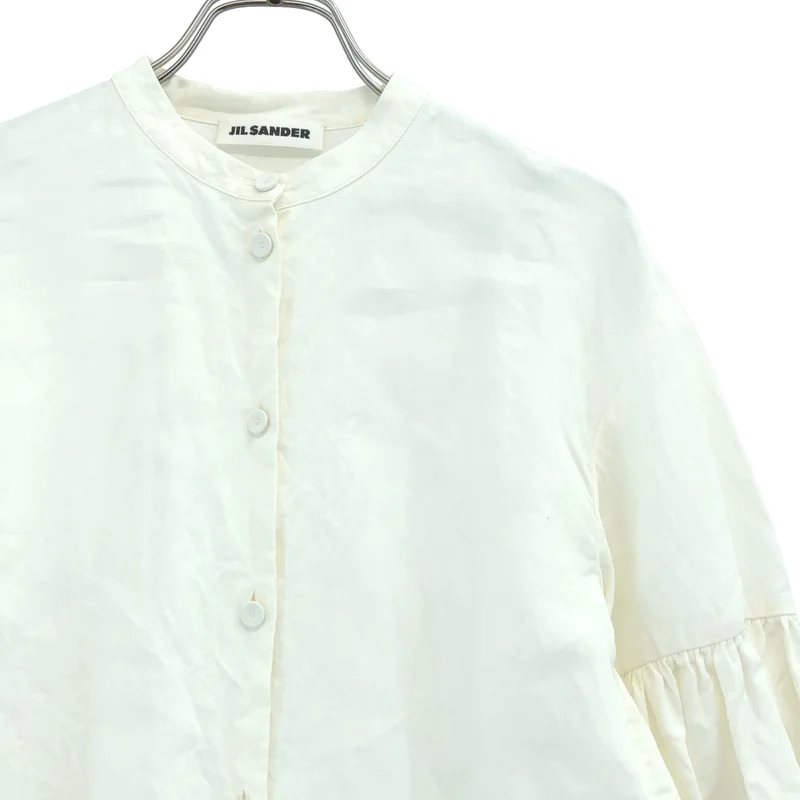 JIL SANDER / ジルサンダー | リネン ギャザースリーブ バンドカラーシャツ | 32 | レディース
