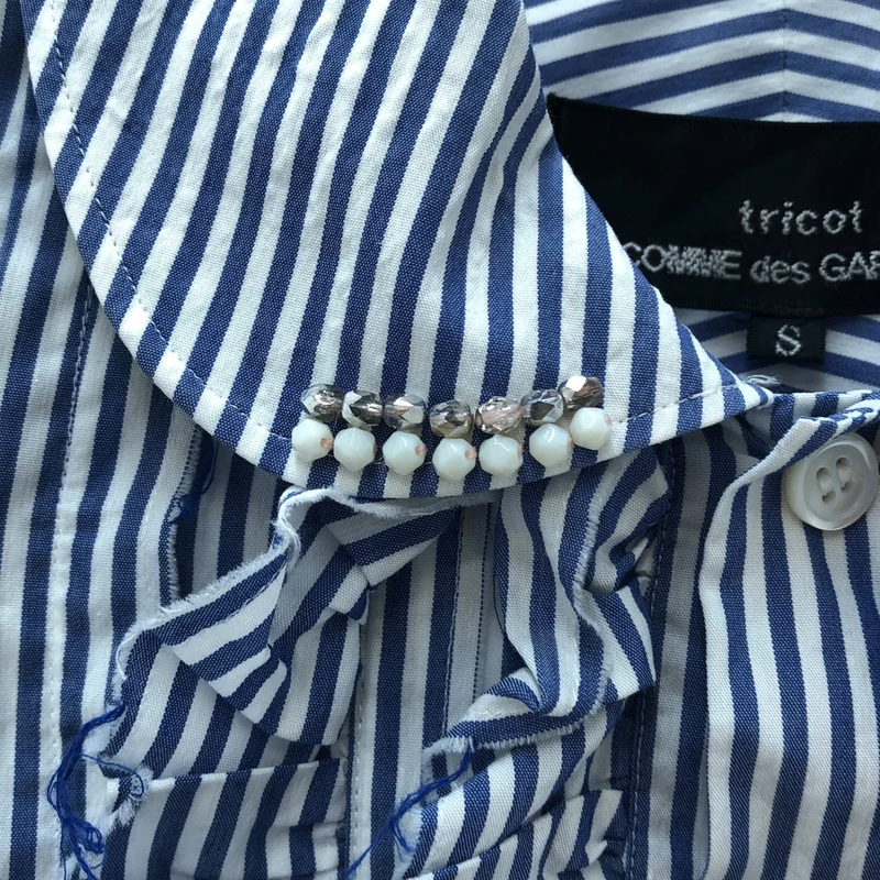 tricot COMME des GARCONS / トリココムデギャルソン | 2005SS | ストライプ ビジュー装飾 フリル 丸襟 シャツ ブラウス | S | レディース