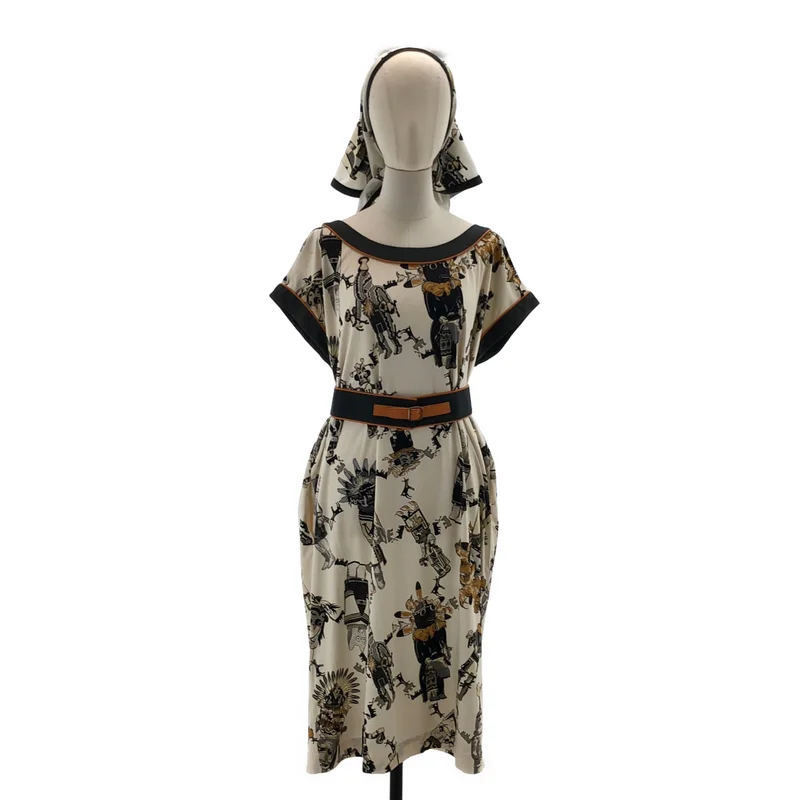 HERMES / エルメス | Kachinas カチナ レザーパイピング プリント ノースリーブ ワンピース | 38 | レディース
