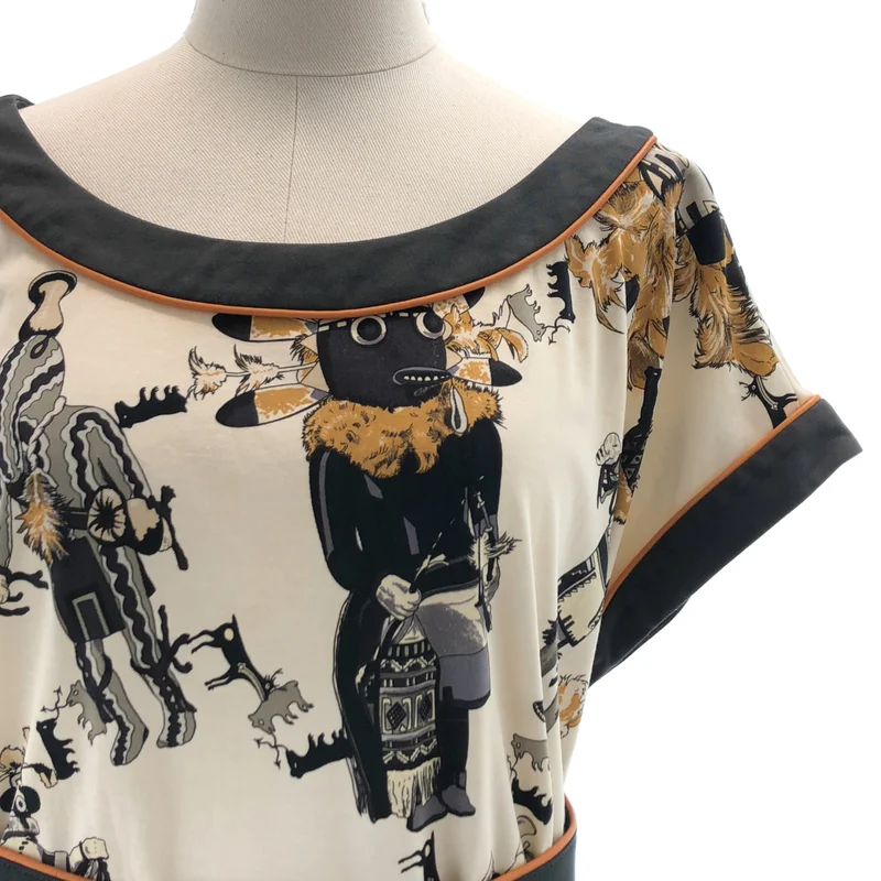 HERMES / エルメス | Kachinas カチナ レザーパイピング プリント ノースリーブ ワンピース | 38 | レディース