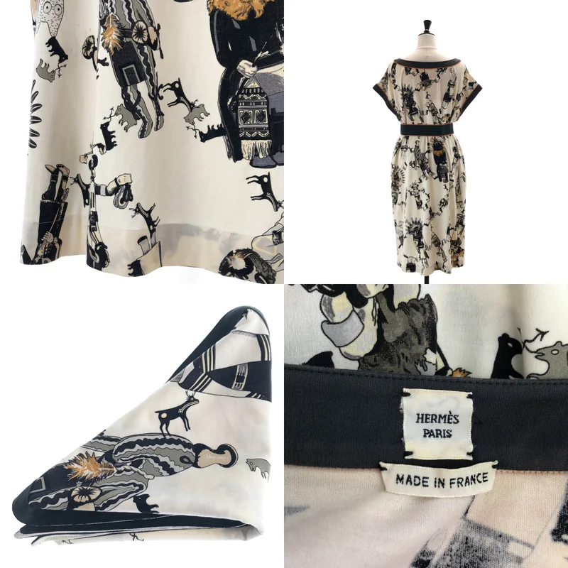 HERMES / エルメス | Kachinas カチナ レザーパイピング プリント ノースリーブ ワンピース | 38 | レディース