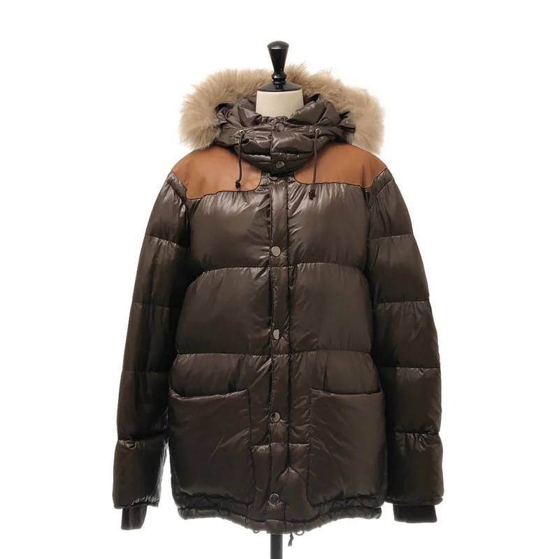 PS Paul Smith / ピーエスポールスミス | レザー切替 フードファー ダウンジャケット | M | ブラウン | メンズ PS Paul Smith / ピーエスポールスミス | レザー切替 フードファー