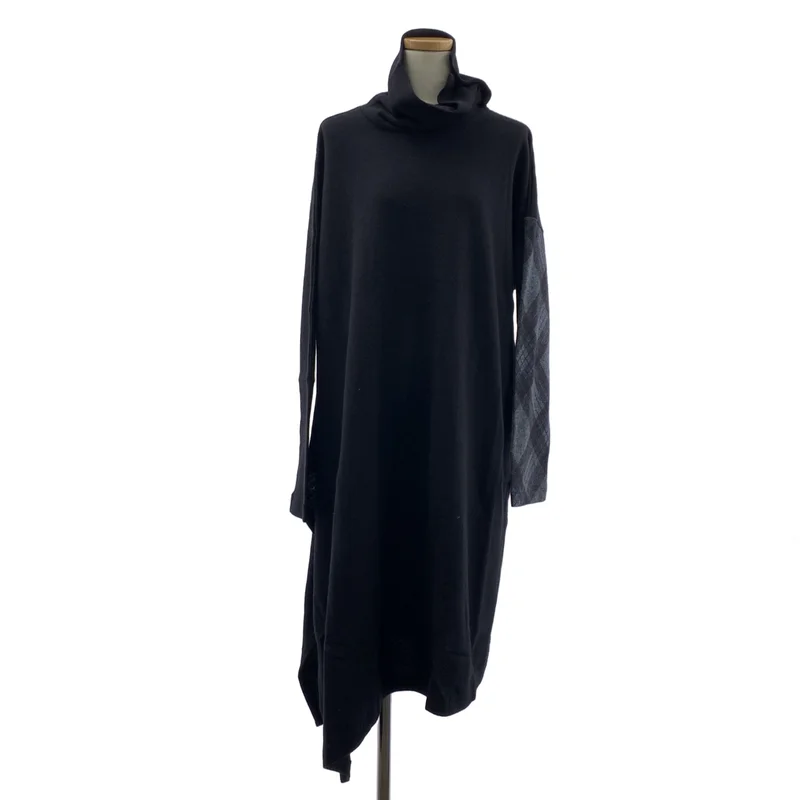 Yohji Yamamoto FEMME / ヨウジヤマモトファム | 2021AW | ウール チェック切り替え ハイネック アシンメトリーワンピース | 2 | レディース