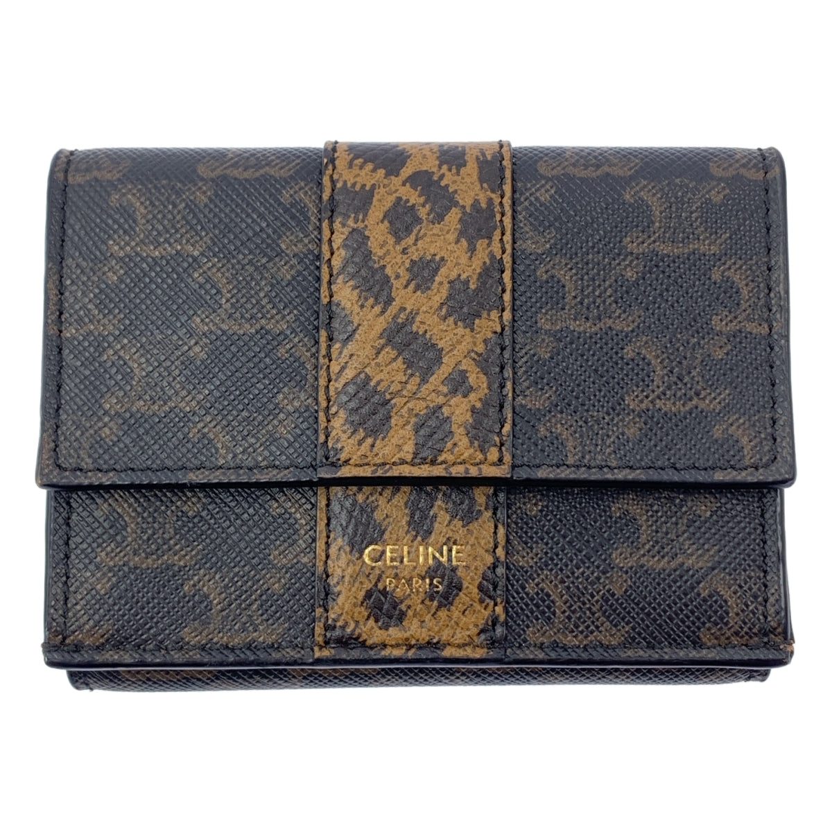【美品】  CELINE / セリーヌ | レザー トリオンフ レオパード コンパクトウォレット 財布 | ダークブラウン | レディース 美品】 CELINE / セリーヌ | レザー トリオンフ レオパード コンパクト