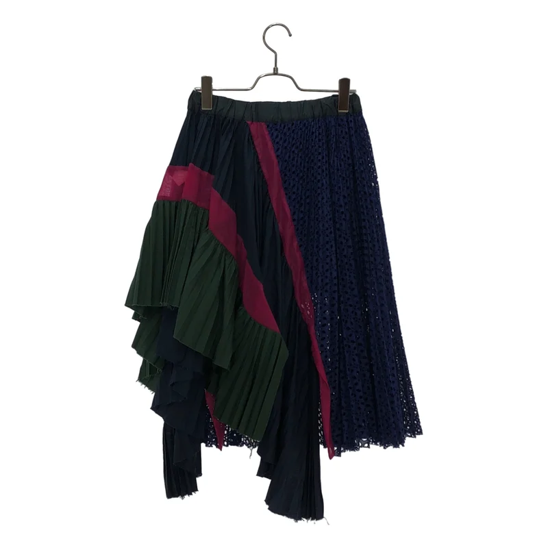 sacai / サカイ | 異素材切り替え パンチングレース アシンメトリー プリーツスカート | 1 | レディース
