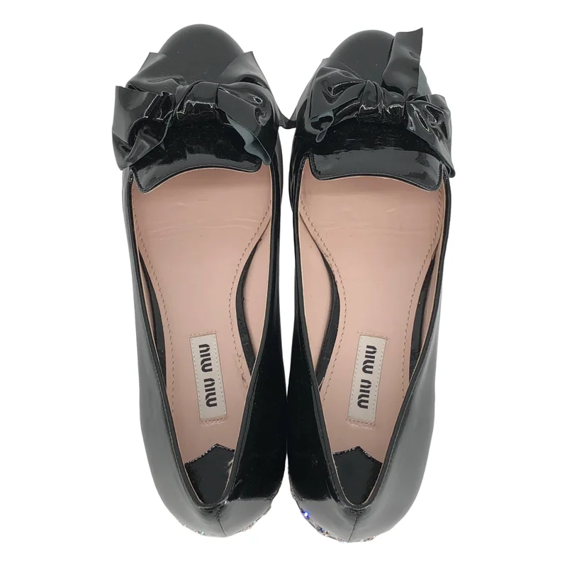 miu miu / ミュウミュウ | パテントレザー リボン ビジュー装飾 フラットシューズ | 36 | レディース
