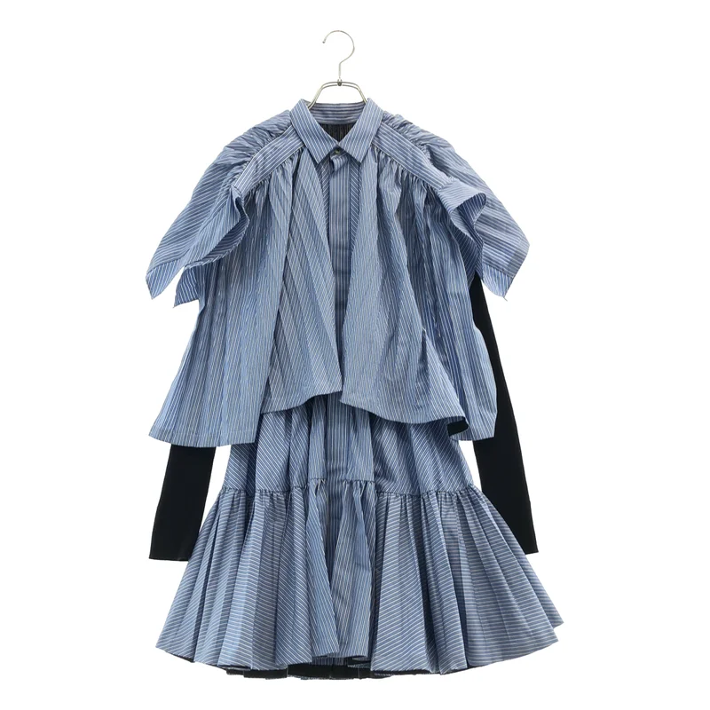 sacai / サカイ | ストライプ リブニット切替 プリーツ ティアード フリル ワンピース | 1 | レディース
