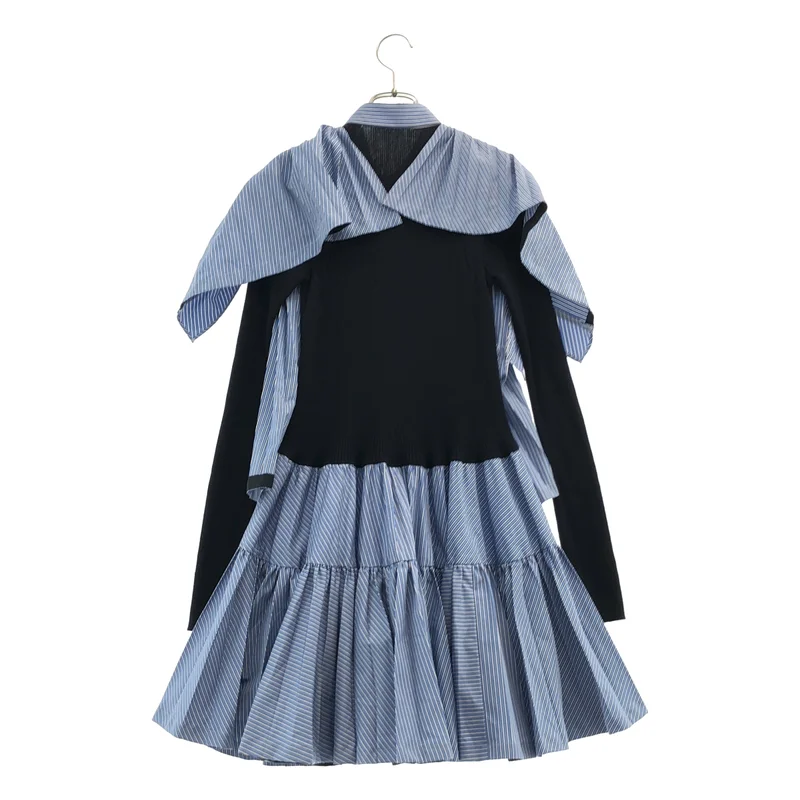 sacai / サカイ | ストライプ リブニット切替 プリーツ ティアード フリル ワンピース | 1 | レディース
